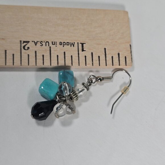 Boho Dangle Earrings Turquoise Color Acrylic Beads Black Clear Cluster Southwest - Picture 6 of 7